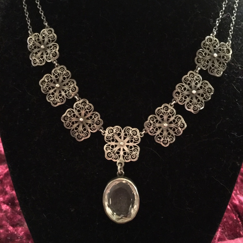 Vintage Sterling Silver Crystal Necklace 18”